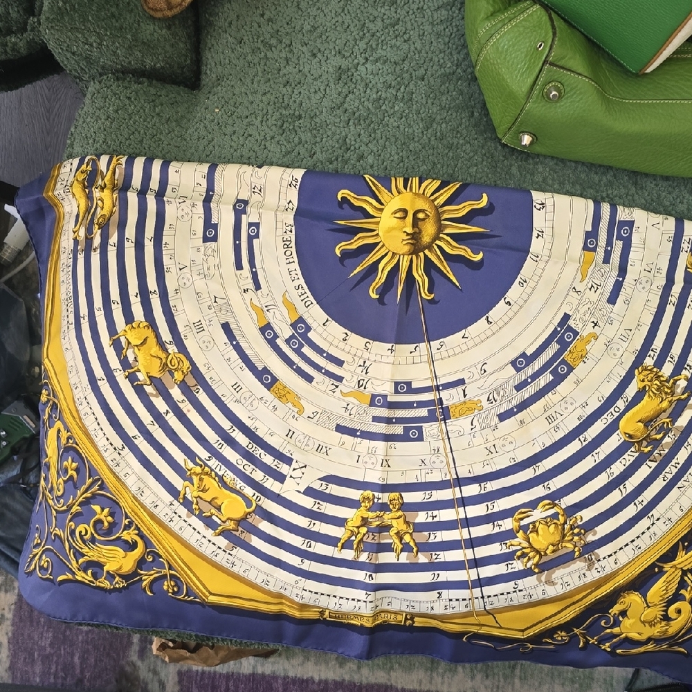 Hermes Blue and Gold Zodiac Silk Scarf